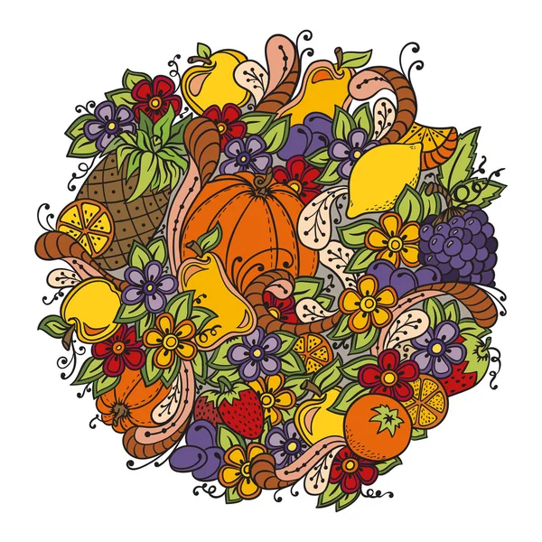 Fruits, vegetables, berries doodle. Healthy food background. Autumn pattern with pumpkin, orange, apple, pear, cherry, strawberry, lemon, pineapple, grapes, plums and flowers. Stock Vector