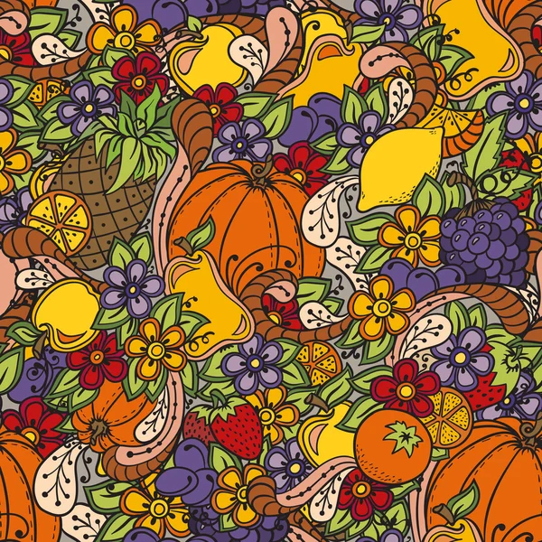 Фрукты, овощи, ягоды каракули. Здоровое питание. Бесшовный осенний узор с тыквой, апельсином, яблоком, грушей, вишней, клубникой, лимоном, ананасом, виноградом, сливами и цветами
. Лицензионные Стоковые Иллюстрации