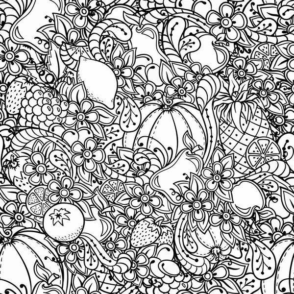 Fruits, vegetables, berries doodle. Healthy food background. Autumn seamless pattern with pumpkin, orange, apple, pear, cherry, strawberry, lemon, pineapple, grapes, plums and flowers. Stock Vector