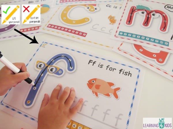 Printable dot-to-dot alphabet letter charts with key to show whether to lift the pencil or not to form each letter in the alphabet