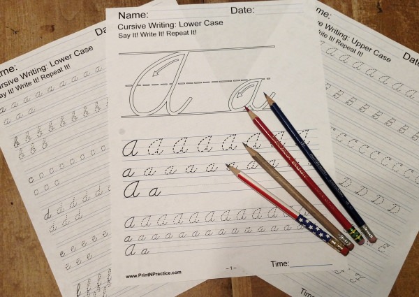 Printable Cursive Writing Worksheets with instruction guides for upper and lower case alphabet cursive letters.